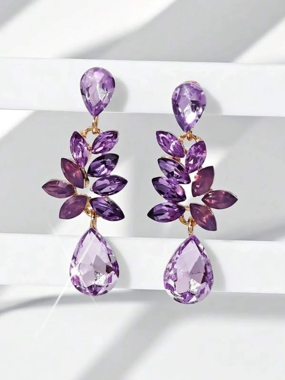 Elegant Purple Teardrop Crystal Leaf Earrings